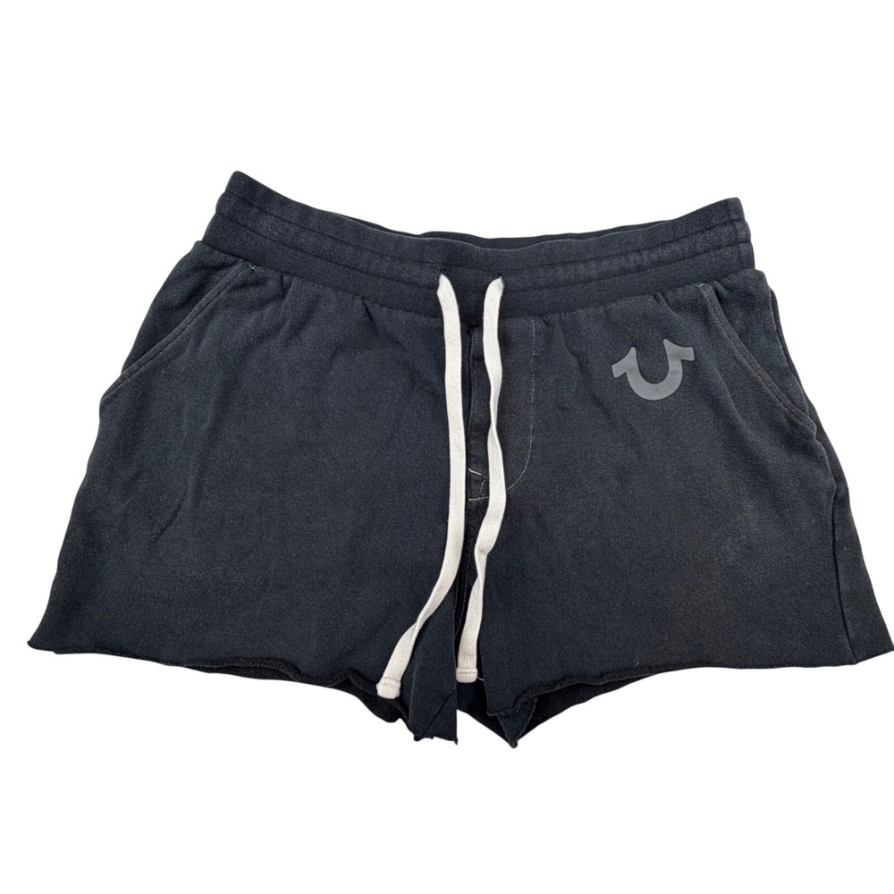 True Religion Cut Off Fleece Sweat Shorts Womens L Black Horseshoe Raw Hem